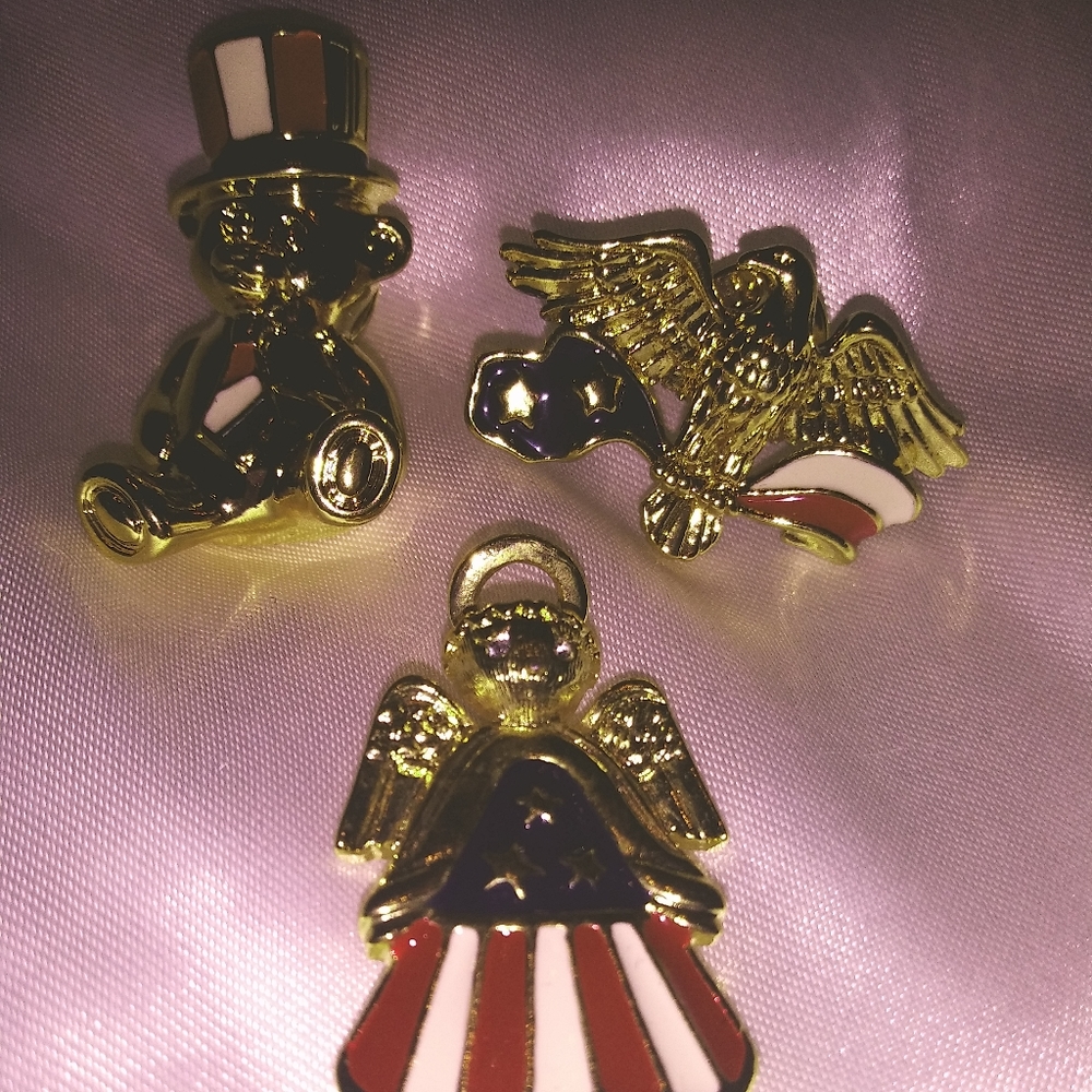 3 Patriotic Label Pins. Bear, Angel & Eagle
